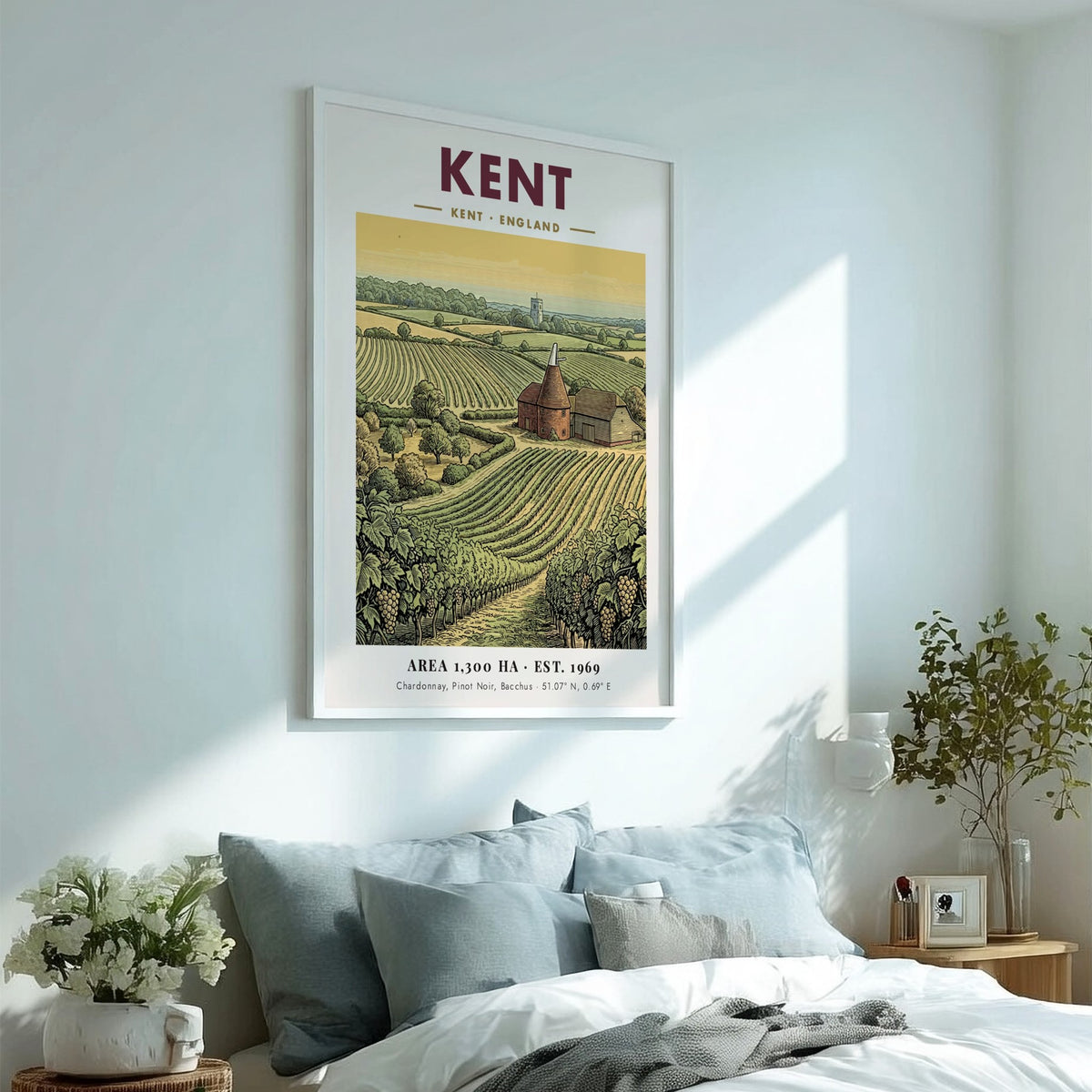 Poster featuring a Kent vineyard landscape with rows of grapes and an oast house.