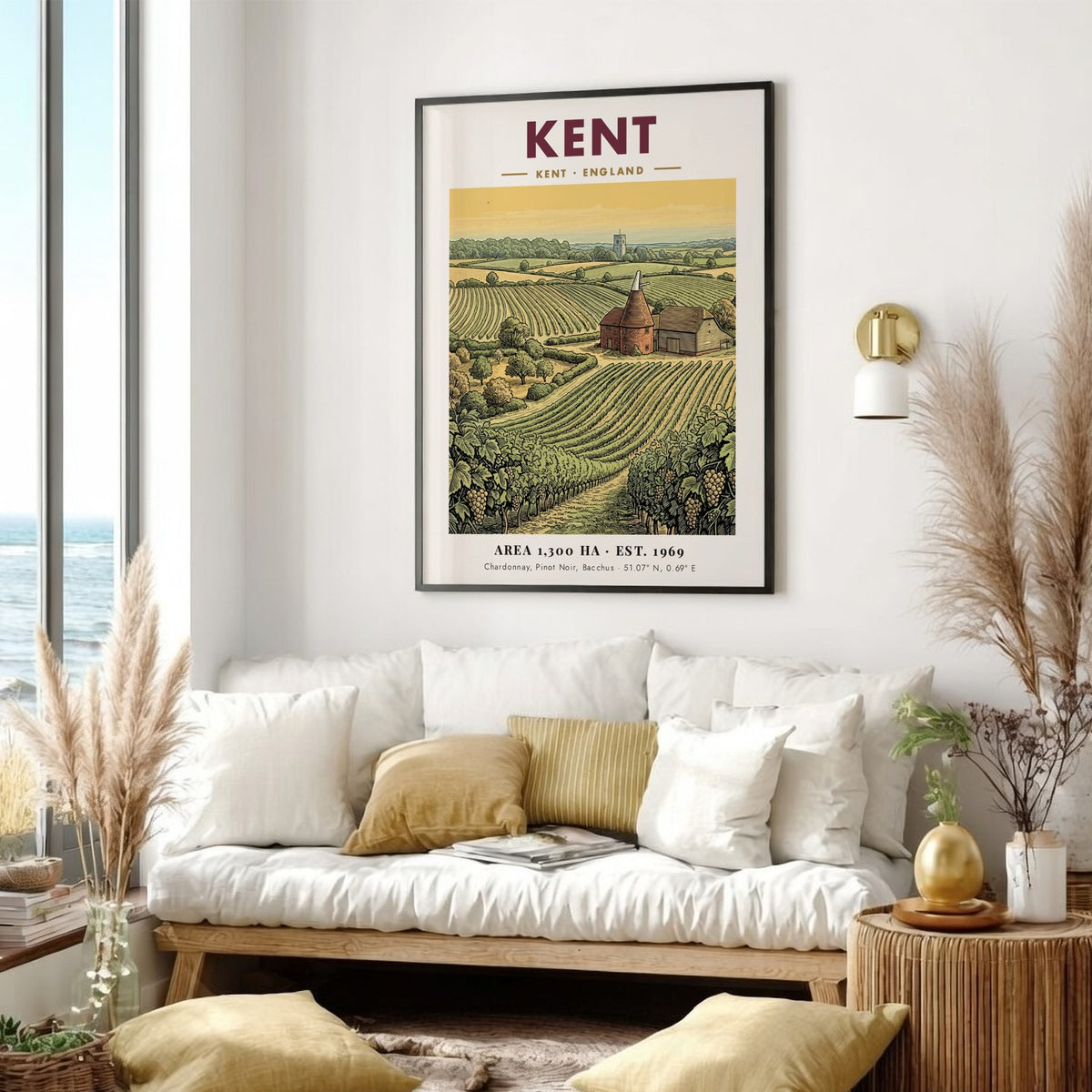 Poster featuring a Kent vineyard landscape with rows of grapes and an oast house.
