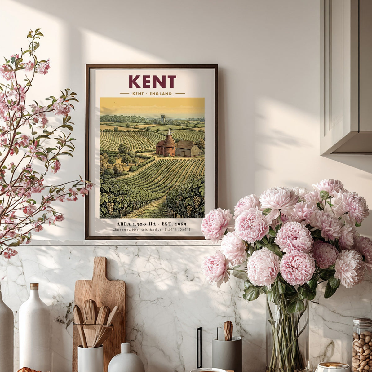 Poster featuring a Kent vineyard landscape with rows of grapes and an oast house.