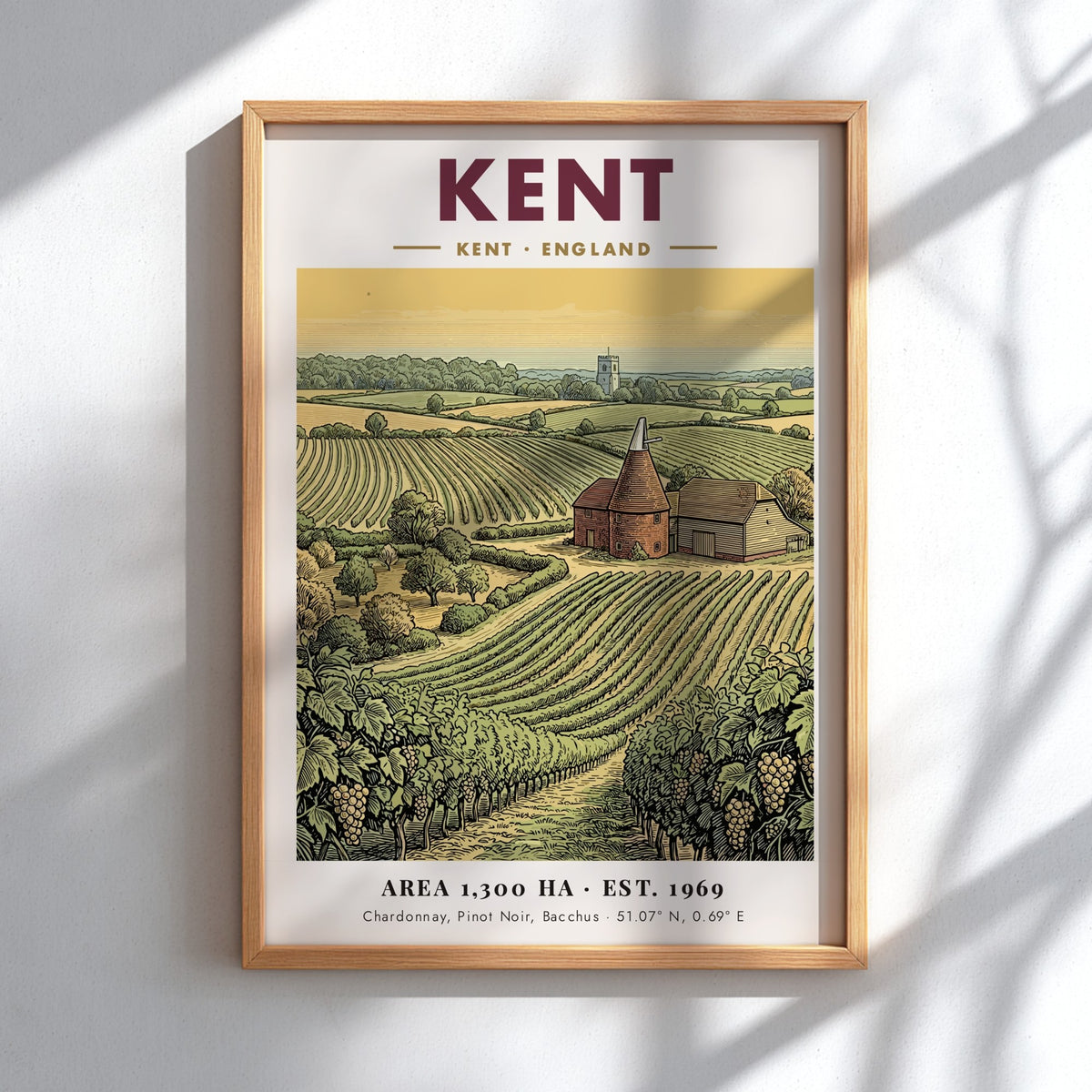 Poster featuring a Kent vineyard landscape with rows of grapes and an oast house.