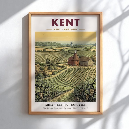 Poster featuring a Kent vineyard landscape with rows of grapes and an oast house.