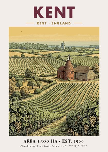Poster featuring a Kent vineyard landscape with rows of grapes and an oast house.