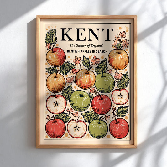 Kitchen poster featuring colorful Kent apples and floral designs in a vintage style