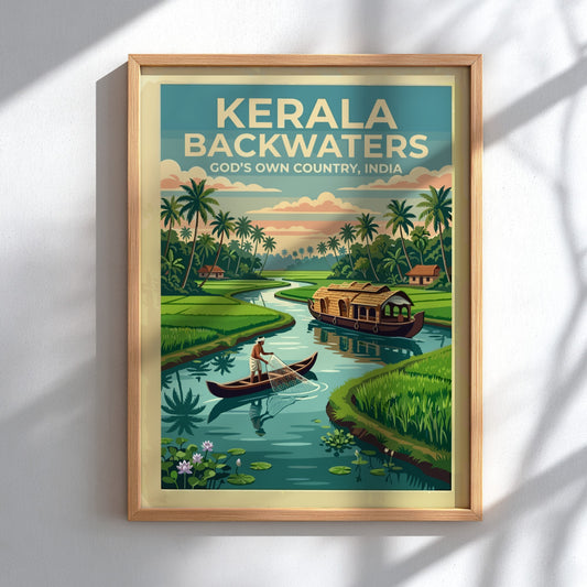 Kerala Backwaters travel poster featuring a traditional houseboat, fisherman, and palm trees in India.