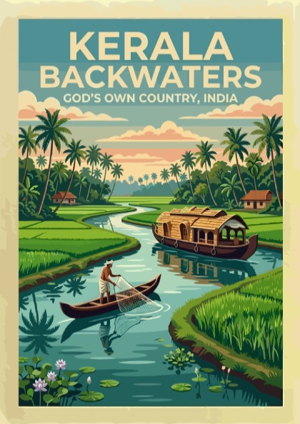 Kerala Backwaters travel poster featuring a traditional houseboat, fisherman, and palm trees in India.
