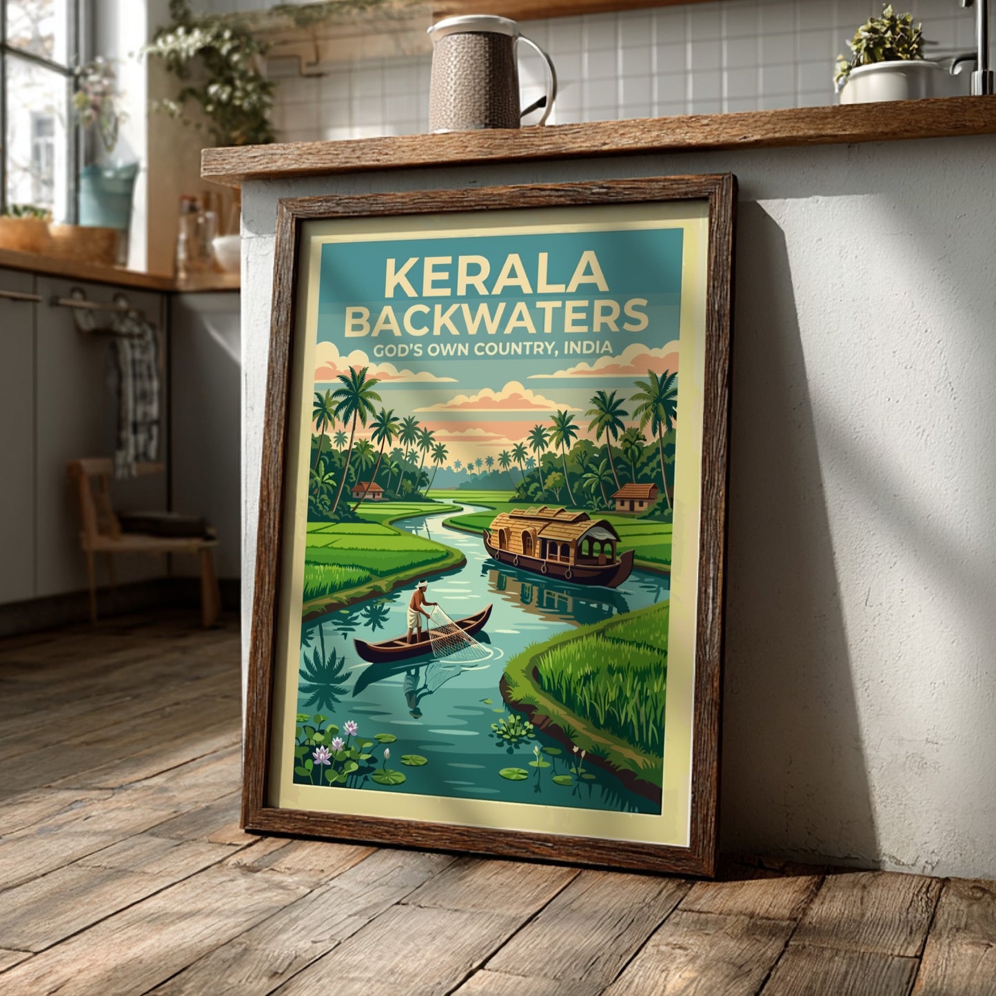 Kerala Backwaters travel poster featuring a traditional houseboat, fisherman, and palm trees in India.