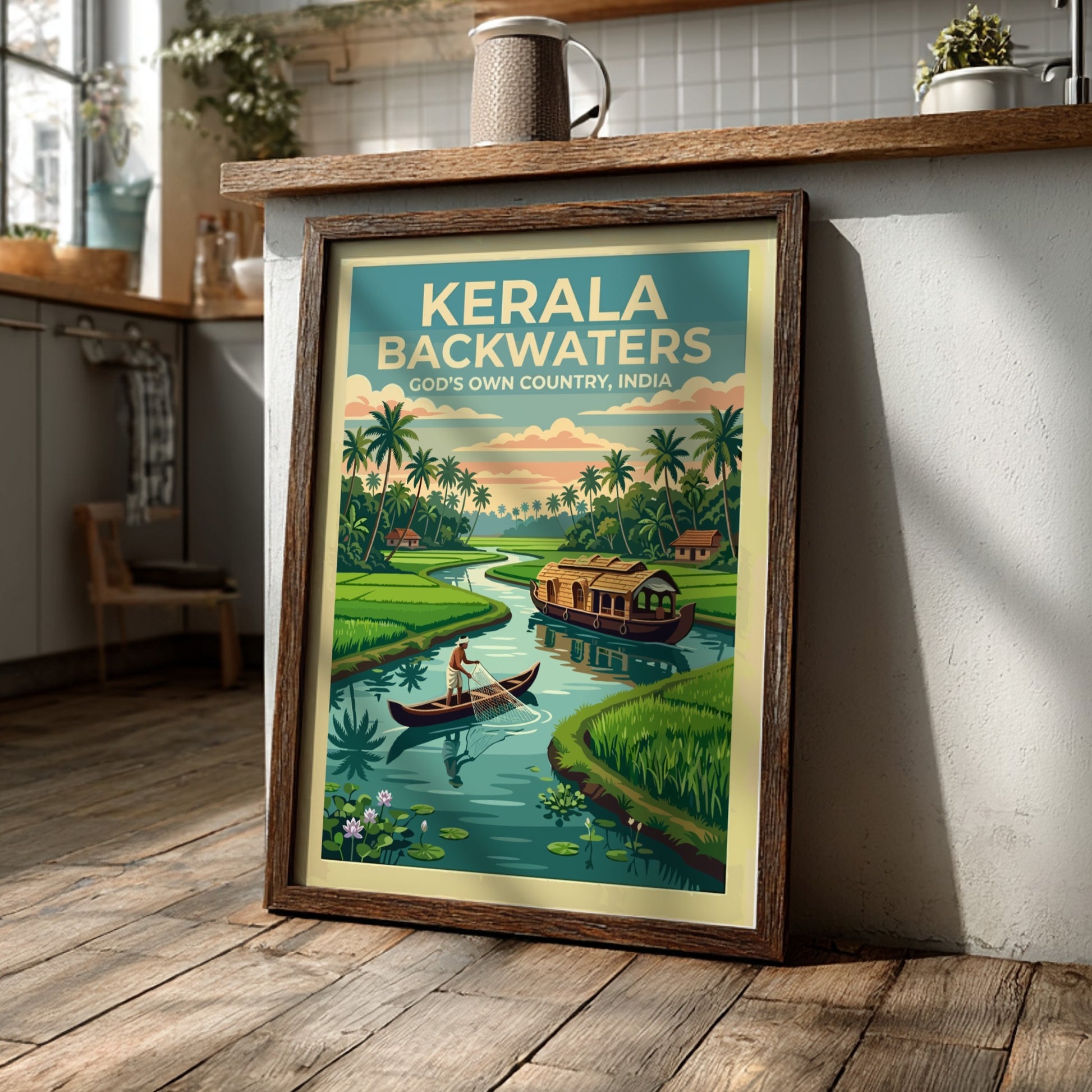 Kerala Backwaters travel poster featuring a traditional houseboat, fisherman, and palm trees in India.