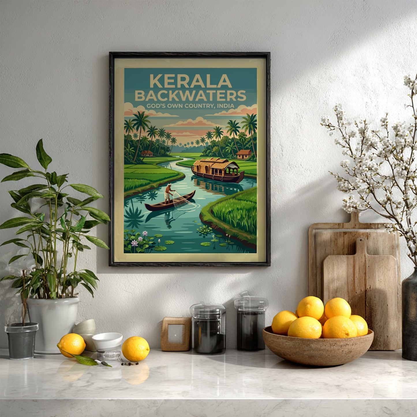 Kerala Backwaters travel poster featuring a traditional houseboat, fisherman, and palm trees in India.