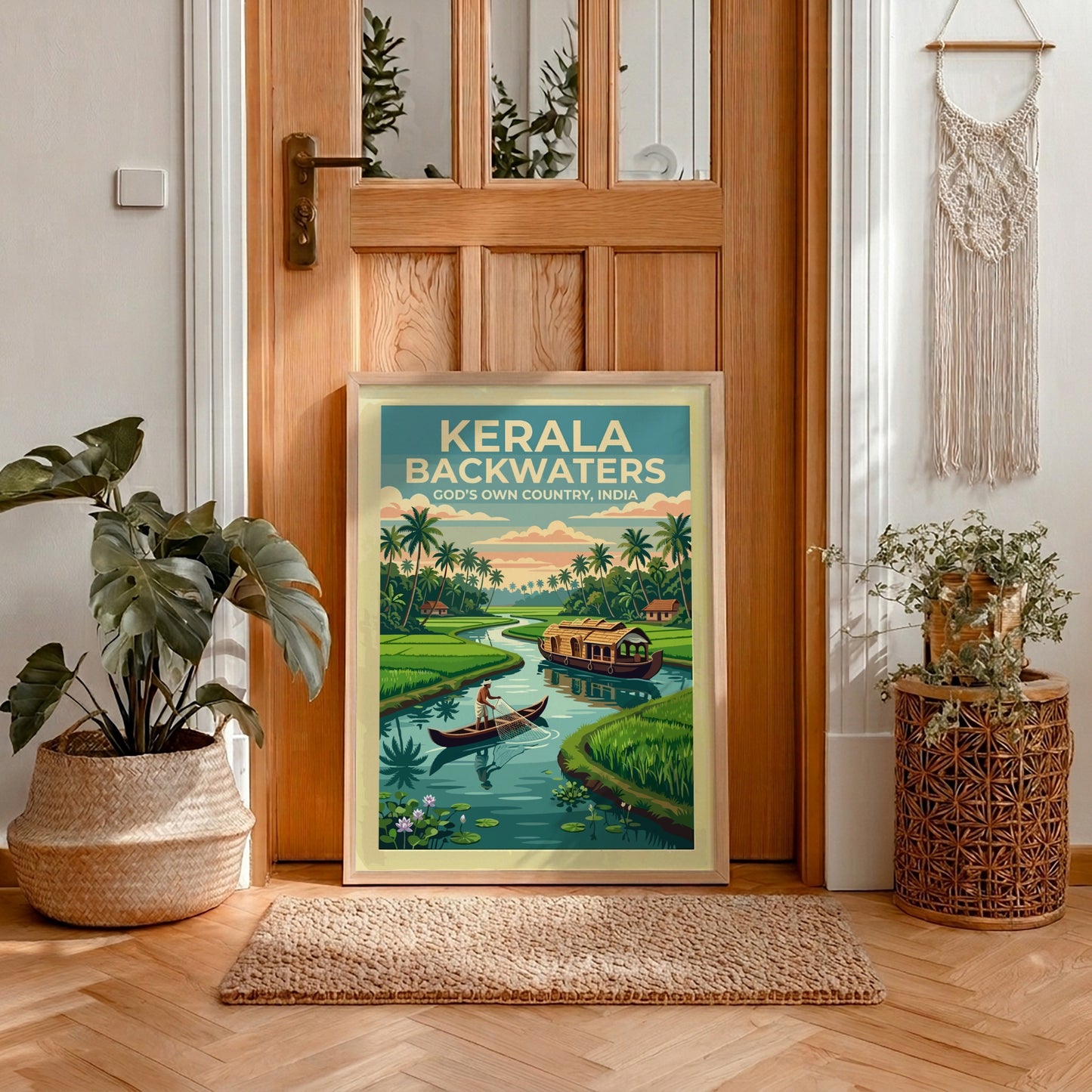 Kerala Backwaters travel poster featuring a traditional houseboat, fisherman, and palm trees in India.