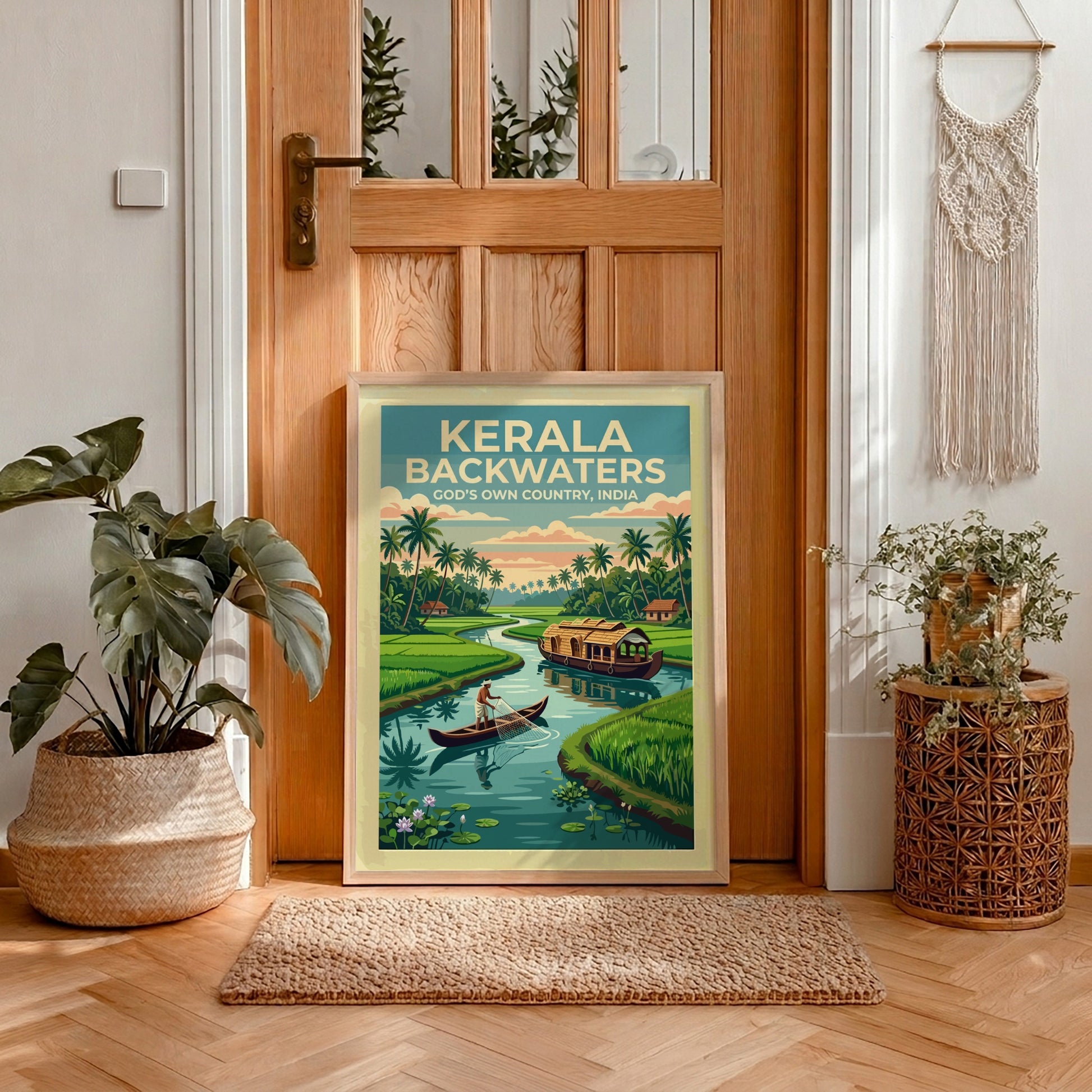 Kerala Backwaters travel poster featuring a traditional houseboat, fisherman, and palm trees in India.