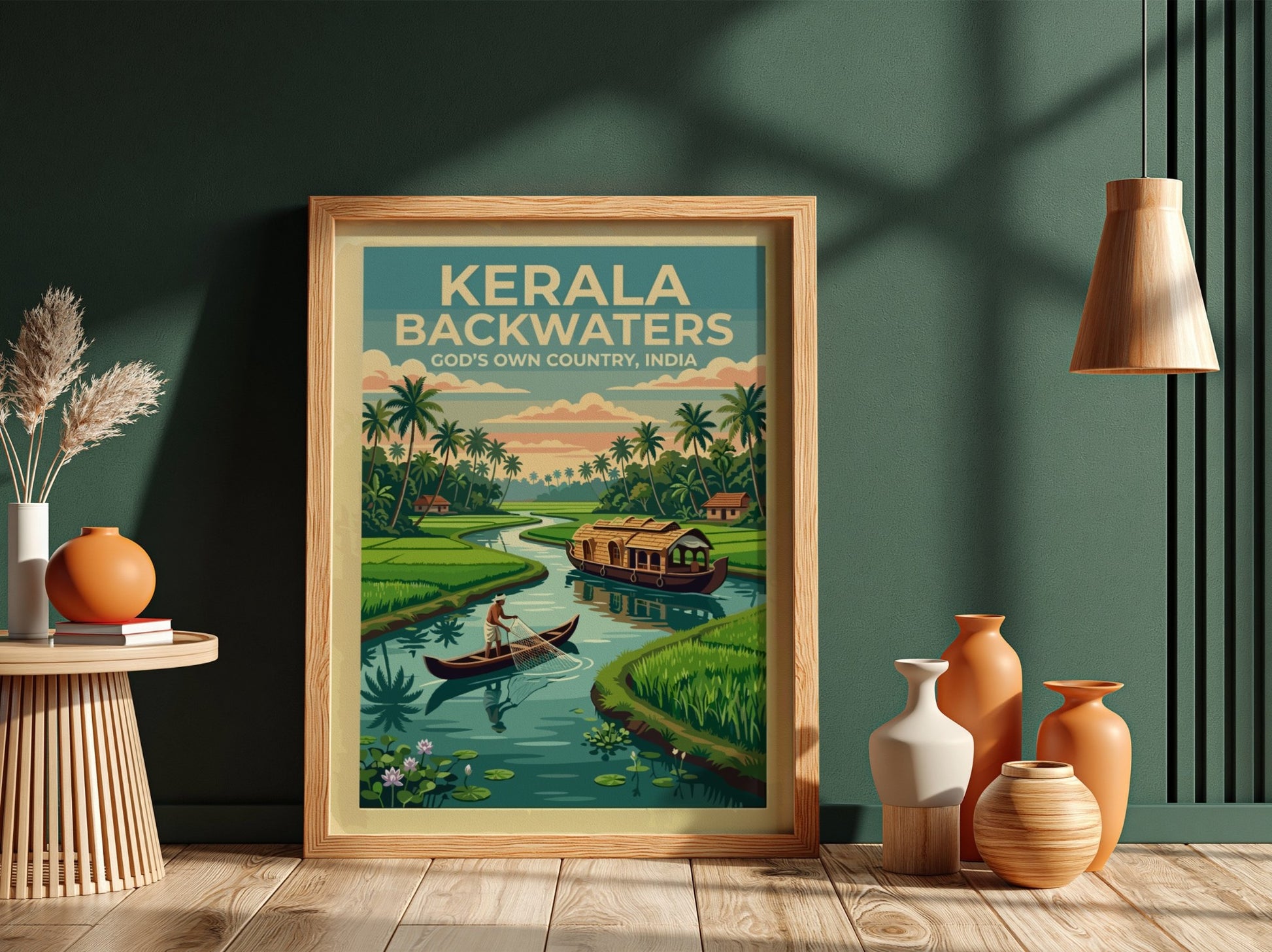 Kerala Backwaters travel poster featuring a traditional houseboat, fisherman, and palm trees in India.