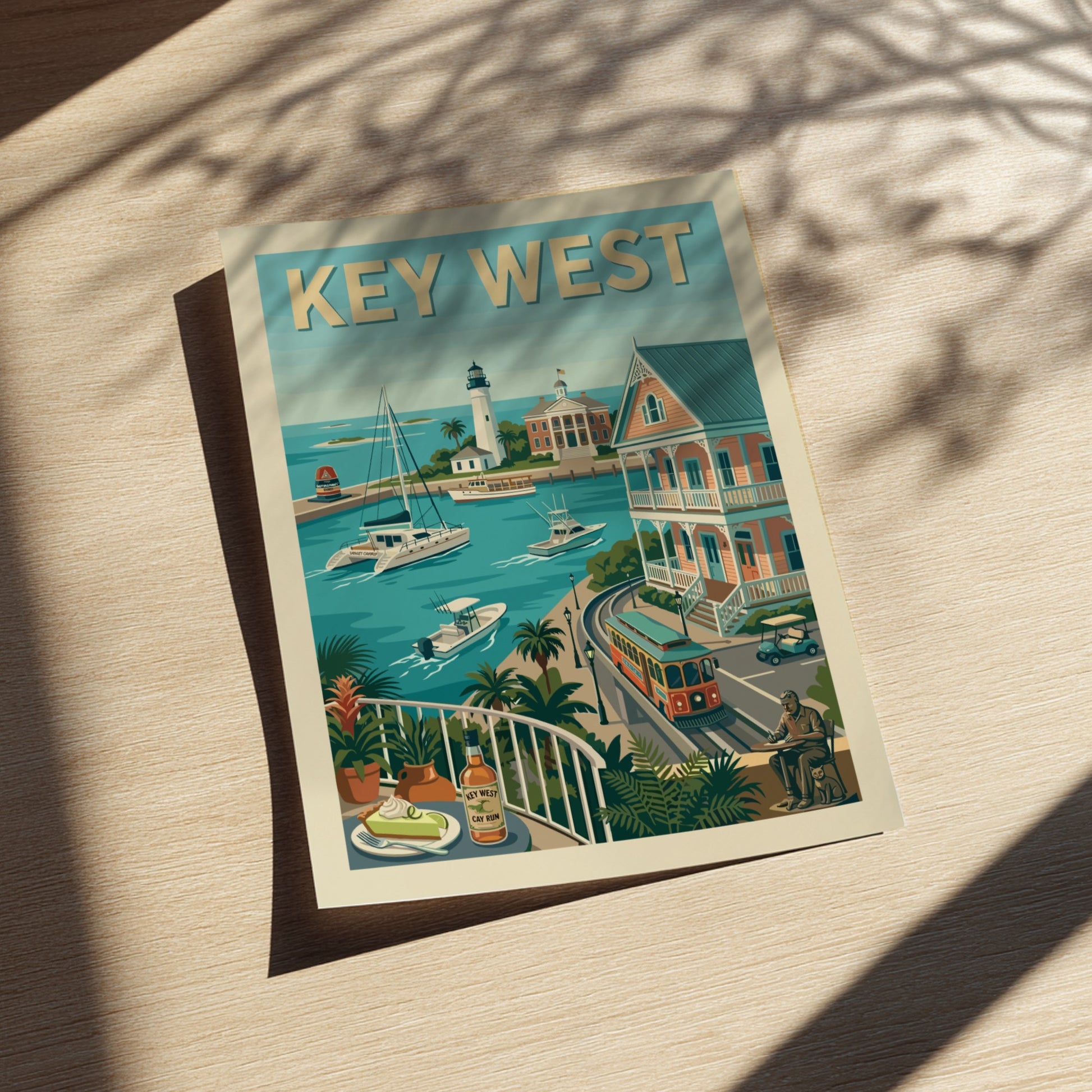 Key West harbor travel poster art print with lighthouse, boats, trolley, and key lime pie.