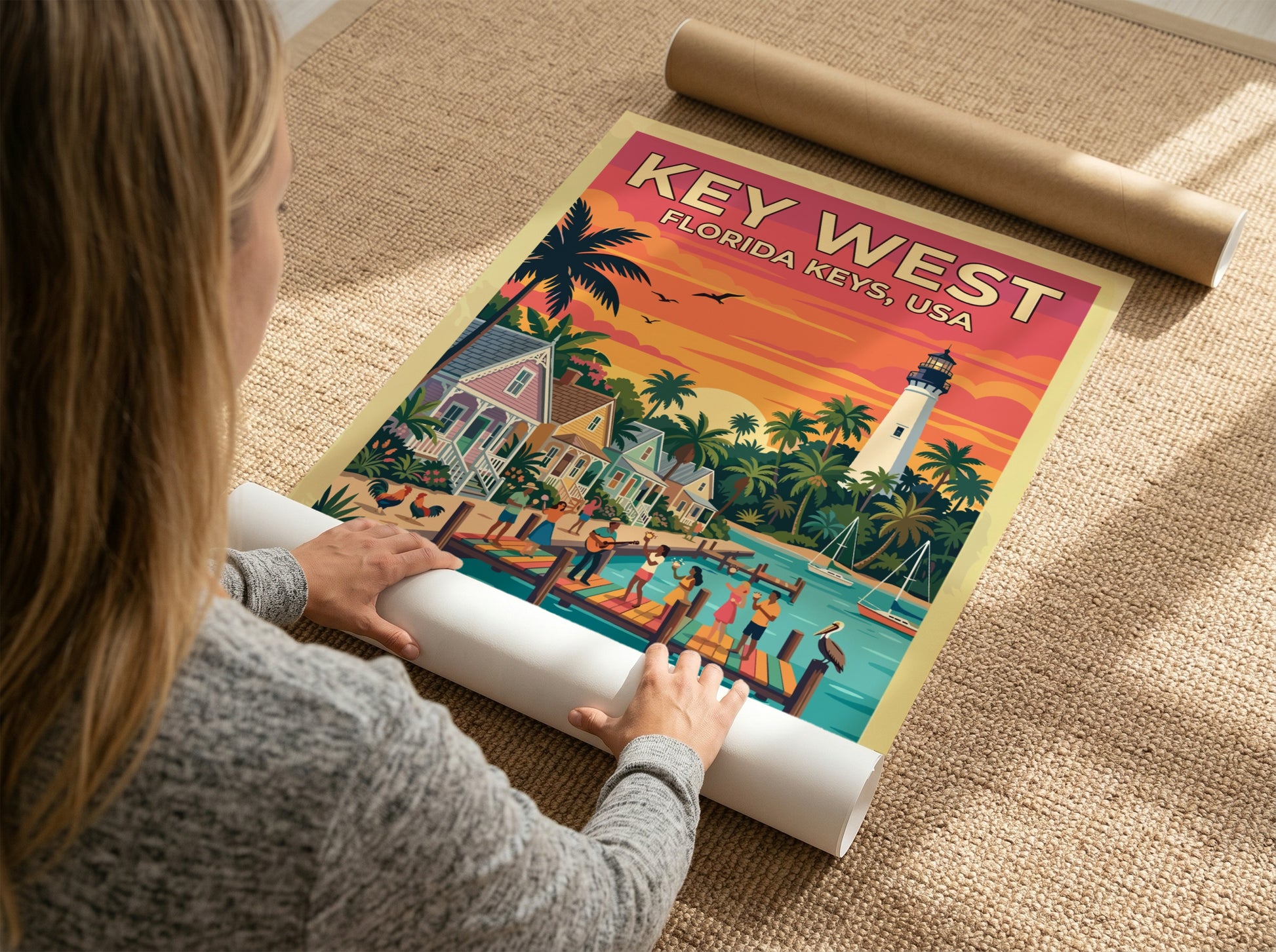 Travel poster of Key West featuring a sunset, lighthouse, palm trees, and coastal pier.