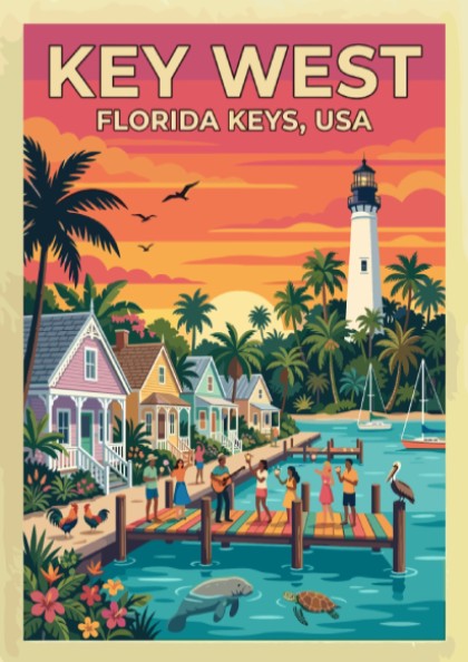 Travel poster of Key West featuring a sunset, lighthouse, palm trees, and coastal pier.