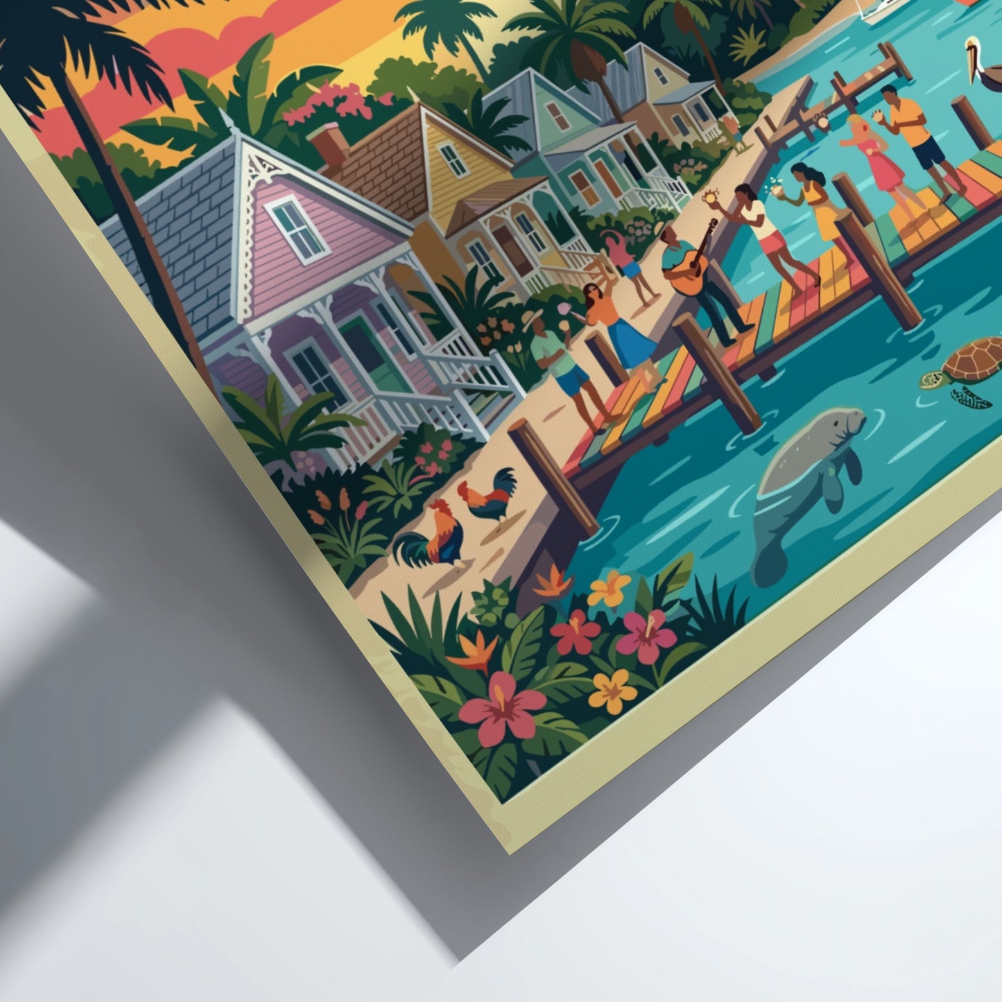 Travel poster of Key West featuring a sunset, lighthouse, palm trees, and coastal pier.