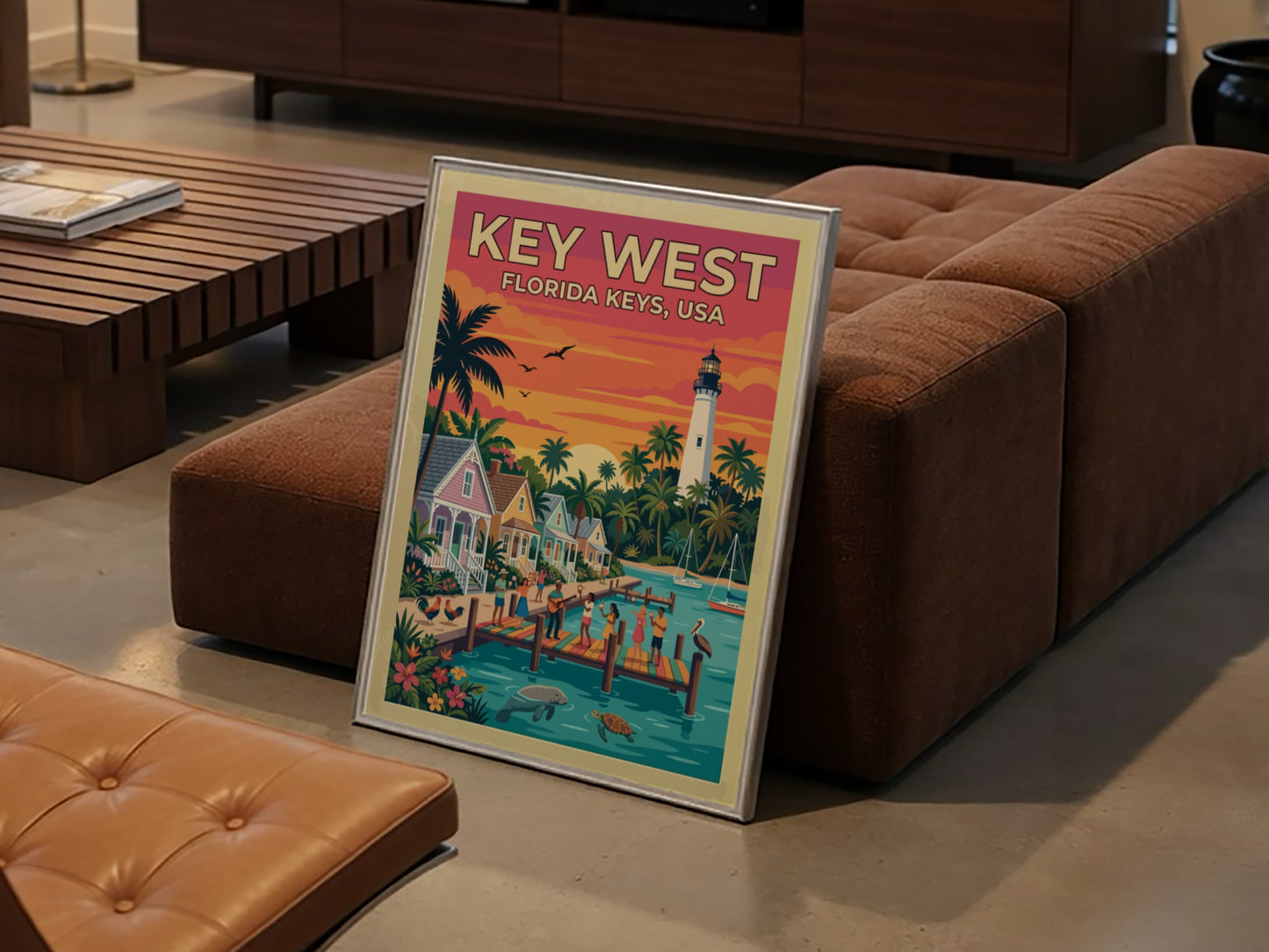 Travel poster of Key West featuring a sunset, lighthouse, palm trees, and coastal pier.