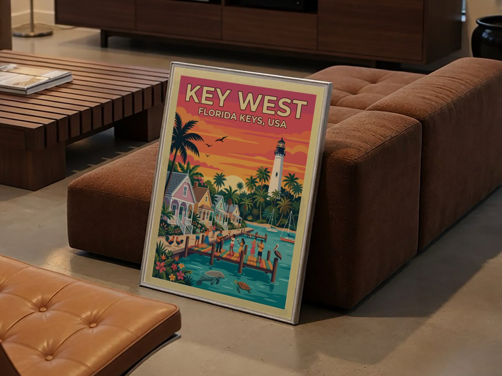 Travel poster of Key West featuring a sunset, lighthouse, palm trees, and coastal pier.