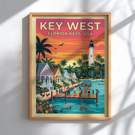 Travel poster of Key West featuring a sunset, lighthouse, palm trees, and coastal pier.