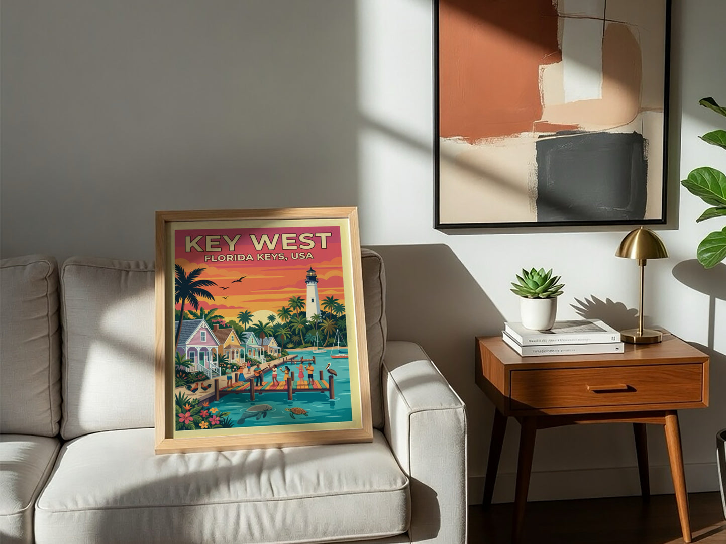 Travel poster of Key West featuring a sunset, lighthouse, palm trees, and coastal pier.
