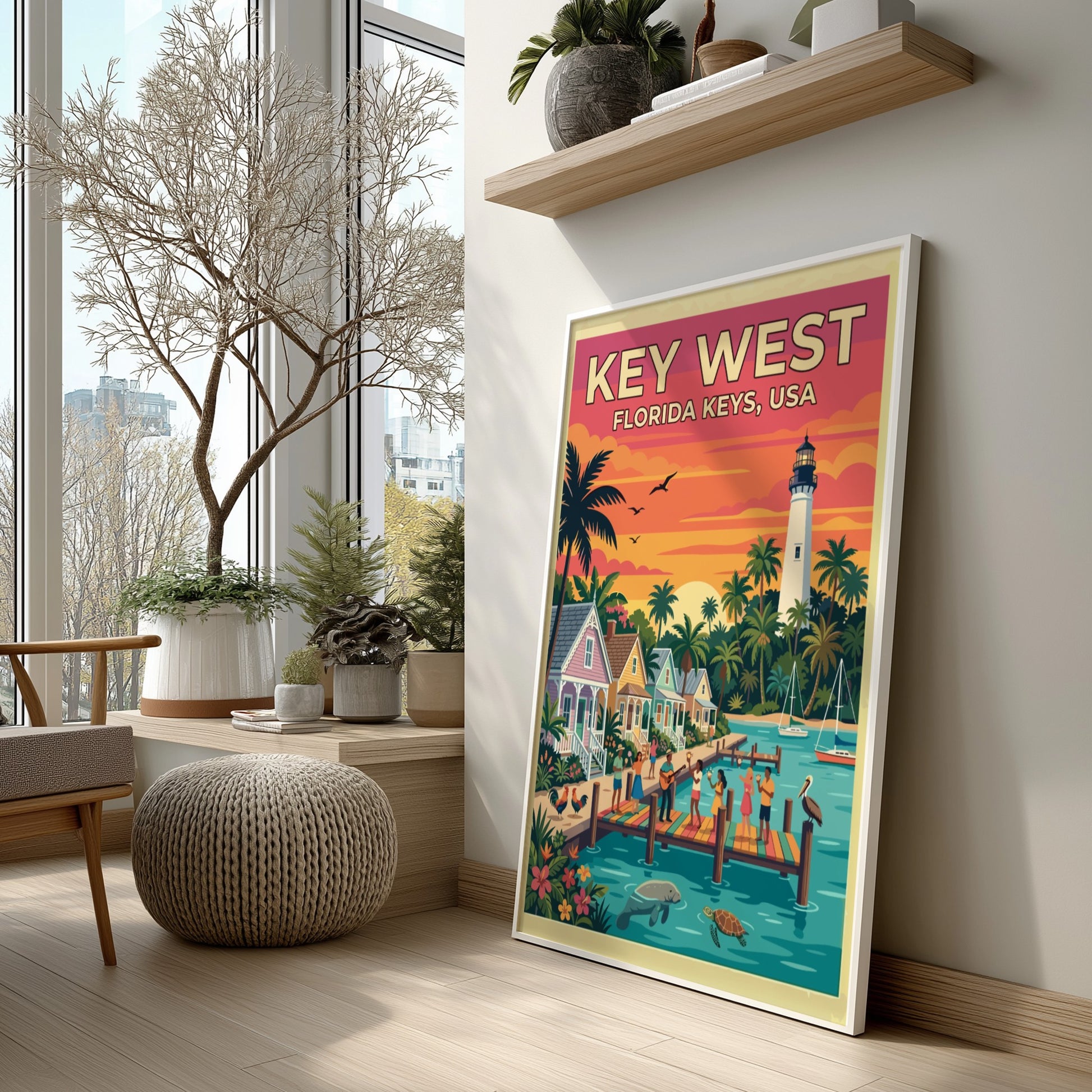 Travel poster of Key West featuring a sunset, lighthouse, palm trees, and coastal pier.