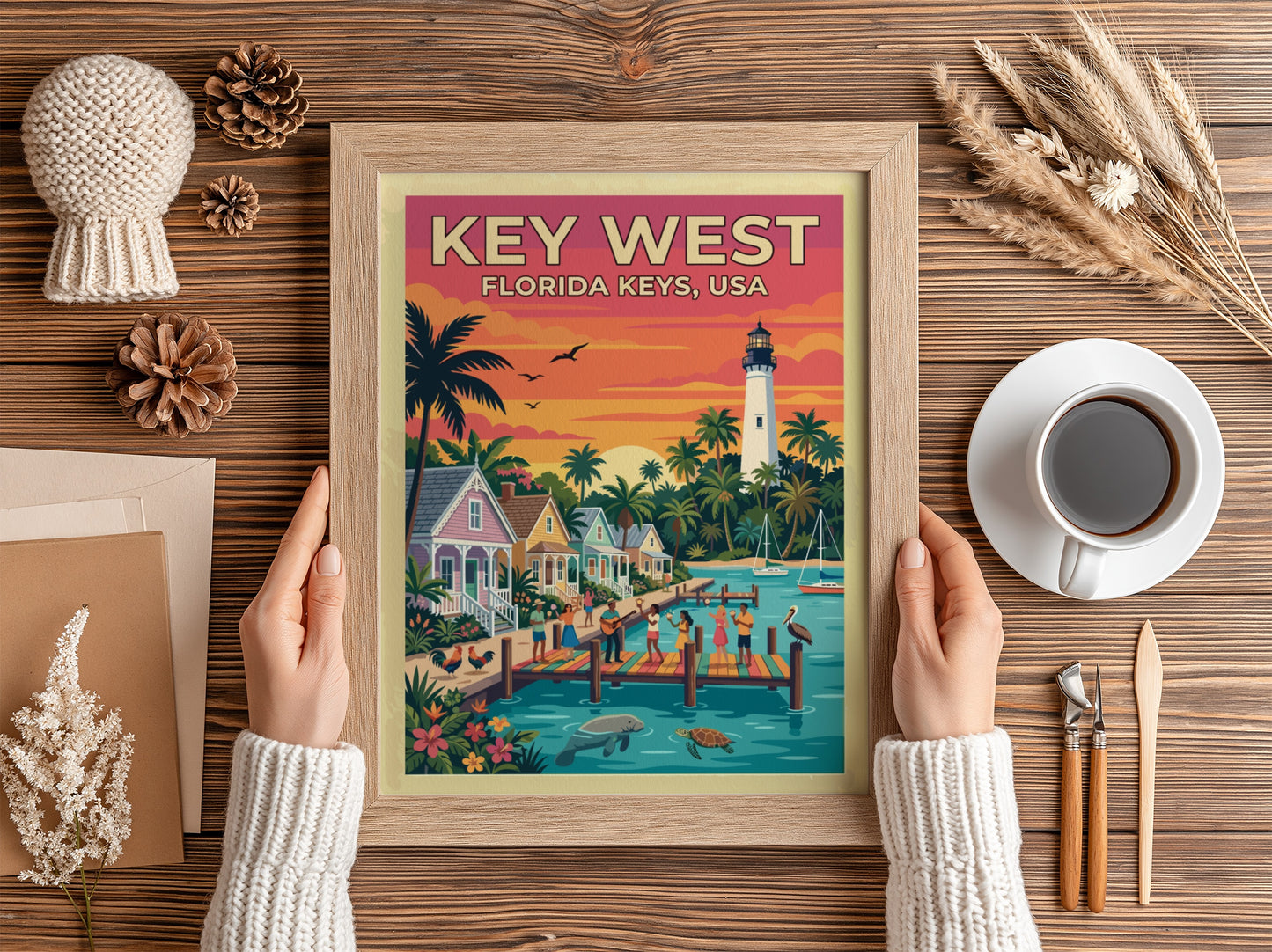 Travel poster of Key West featuring a sunset, lighthouse, palm trees, and coastal pier.