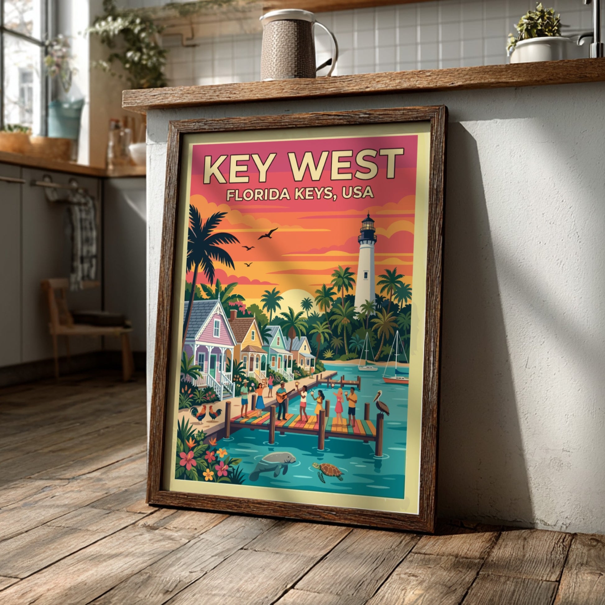 Travel poster of Key West featuring a sunset, lighthouse, palm trees, and coastal pier.