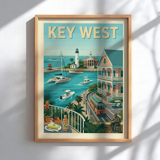 Key West harbor travel poster art print with lighthouse, boats, trolley, and key lime pie.