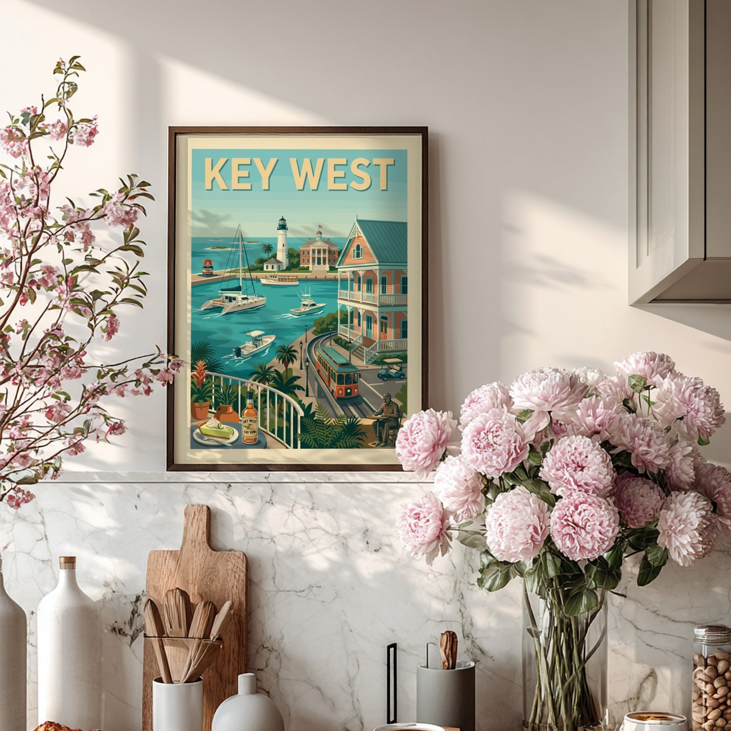 Key West harbor travel poster art print with lighthouse, boats, trolley, and key lime pie.