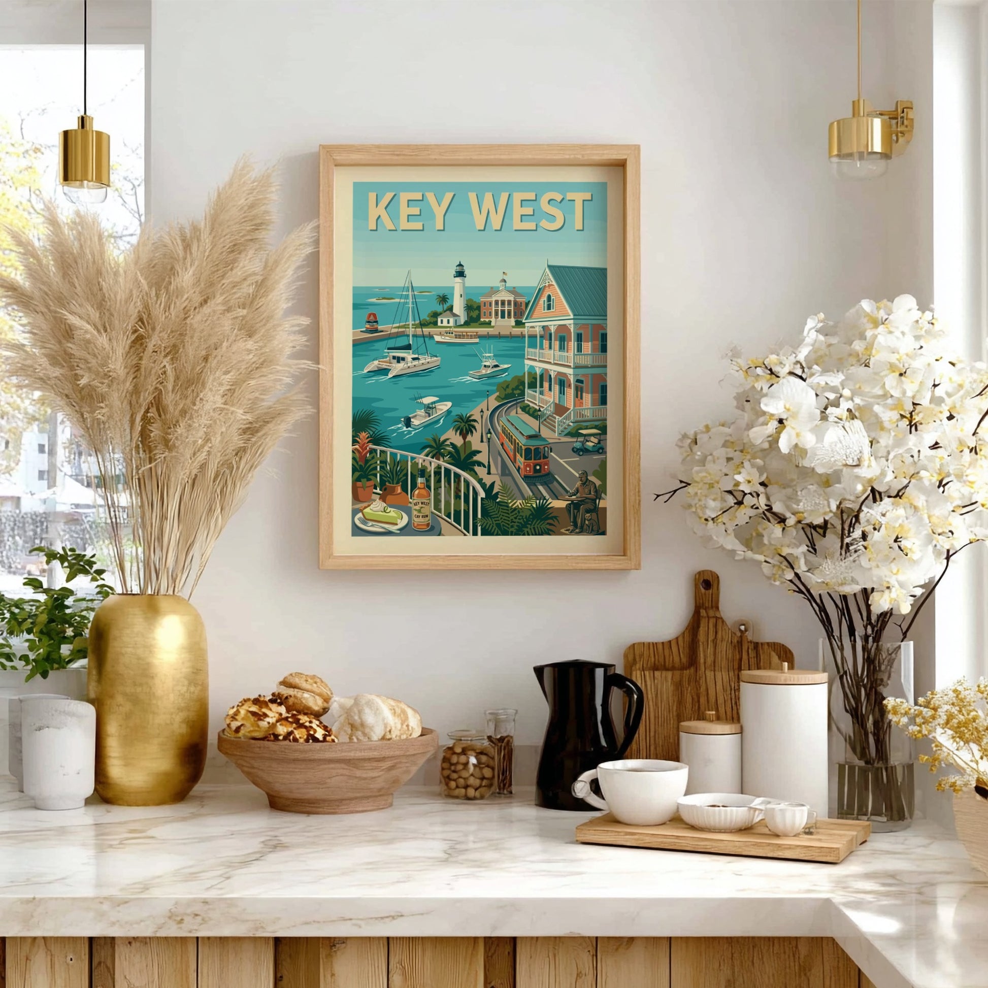 Key West harbor travel poster art print with lighthouse, boats, trolley, and key lime pie.