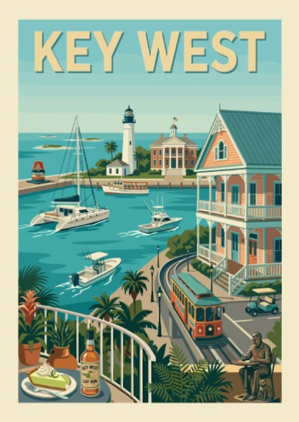 Key West harbor travel poster art print with lighthouse, boats, trolley, and key lime pie.