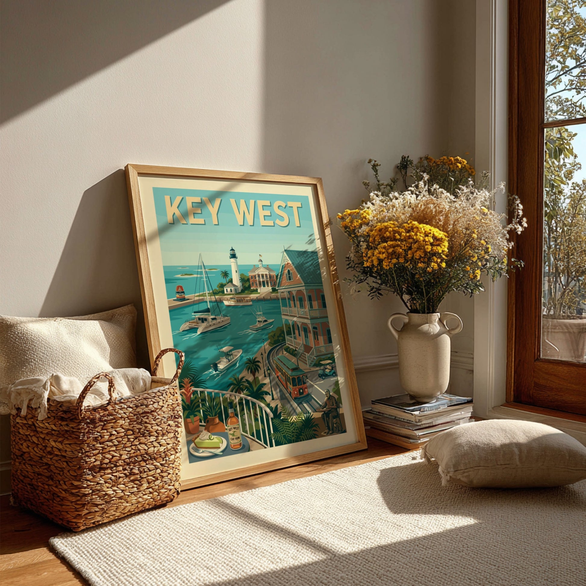 Key West harbor travel poster art print with lighthouse, boats, trolley, and key lime pie.