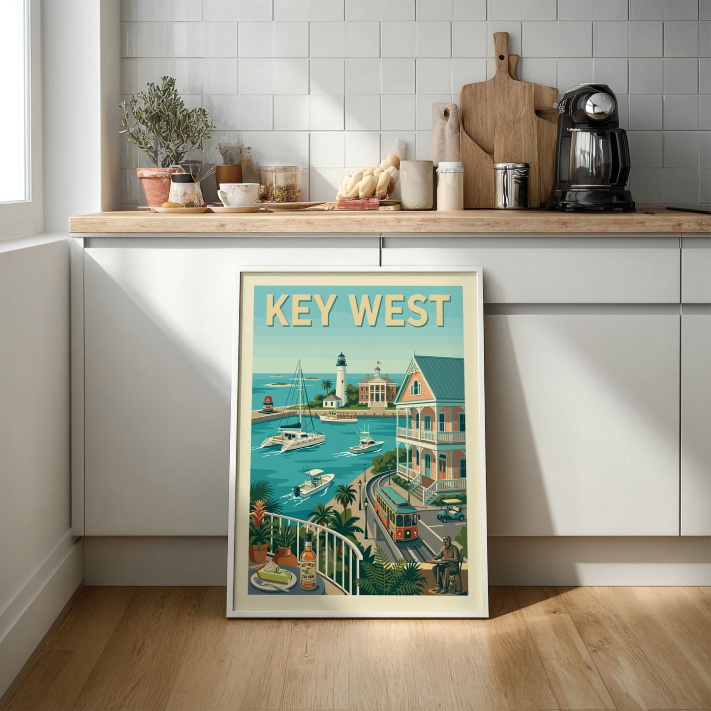 Key West harbor travel poster art print with lighthouse, boats, trolley, and key lime pie.
