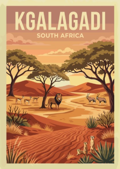 Kgalagadi poster featuring desert landscape, wildlife, warm colors, and nature theme.
