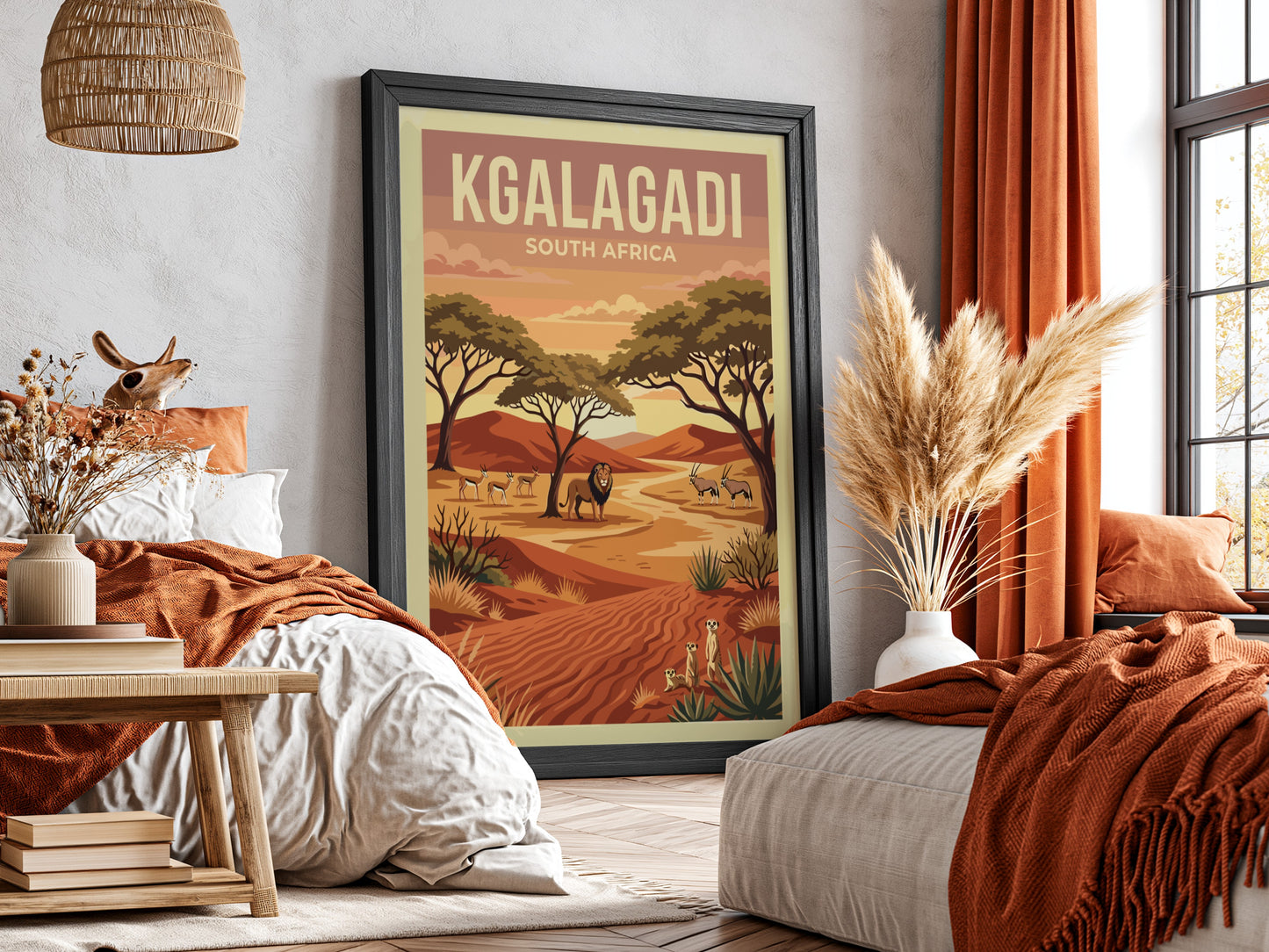 Kgalagadi poster featuring desert landscape, wildlife, warm colors, and nature theme.