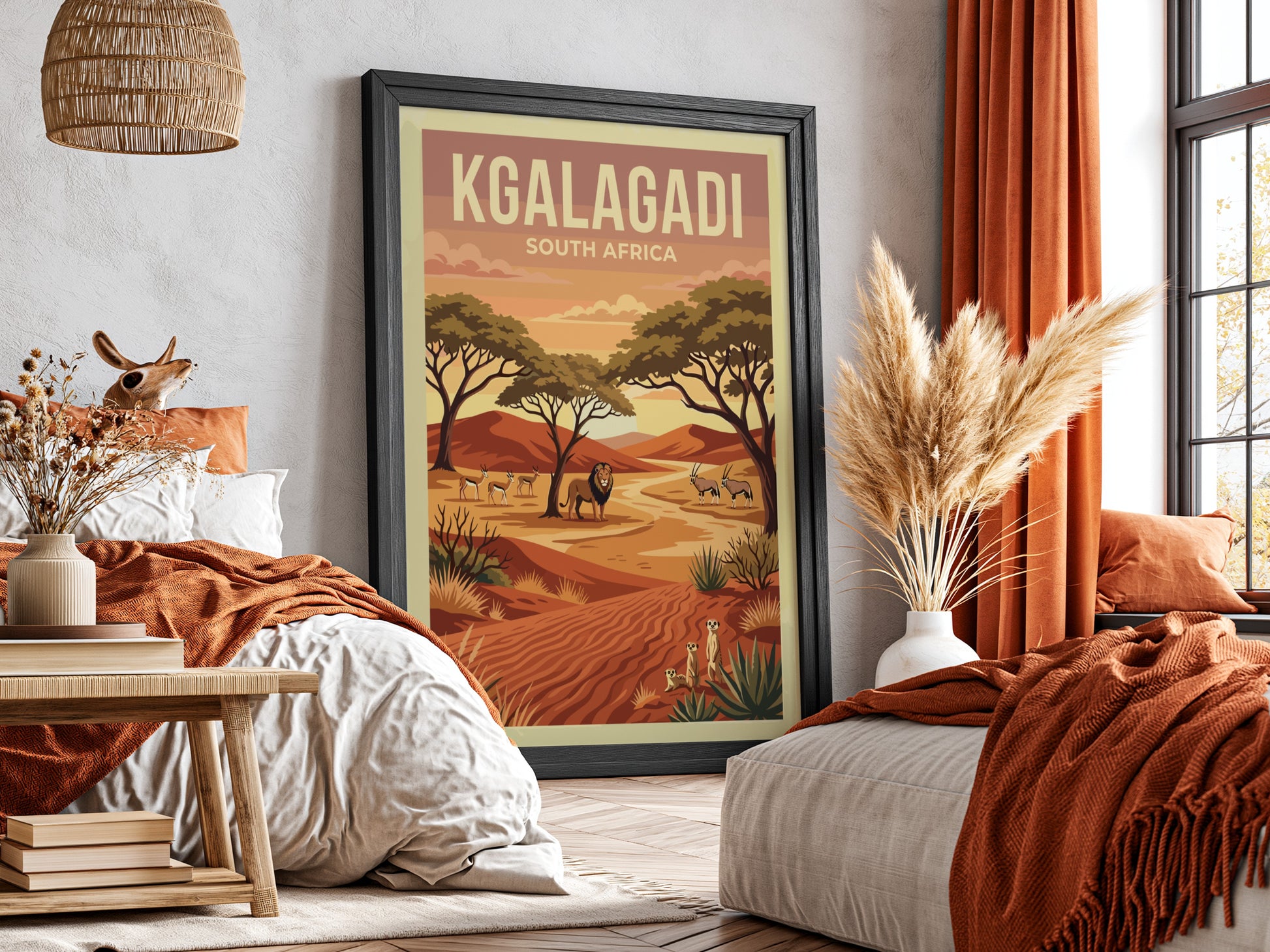 Kgalagadi poster featuring desert landscape, wildlife, warm colors, and nature theme.