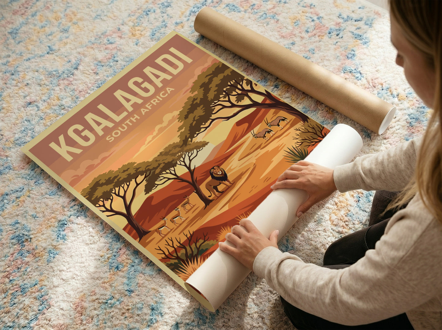 Kgalagadi poster featuring desert landscape, wildlife, warm colors, and nature theme.