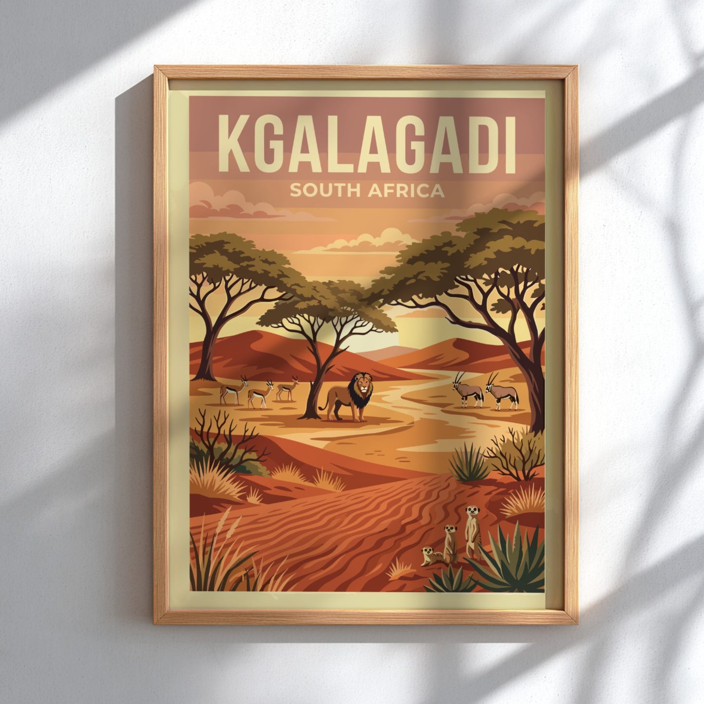 Kgalagadi poster featuring desert landscape, wildlife, warm colors, and nature theme.