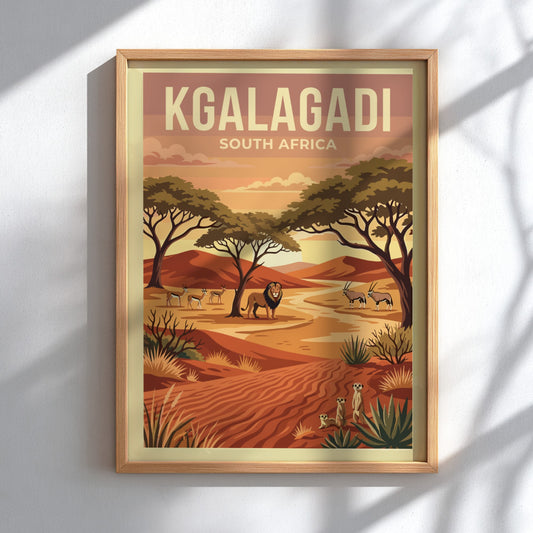 Kgalagadi poster featuring desert landscape, wildlife, warm colors, and nature theme.
