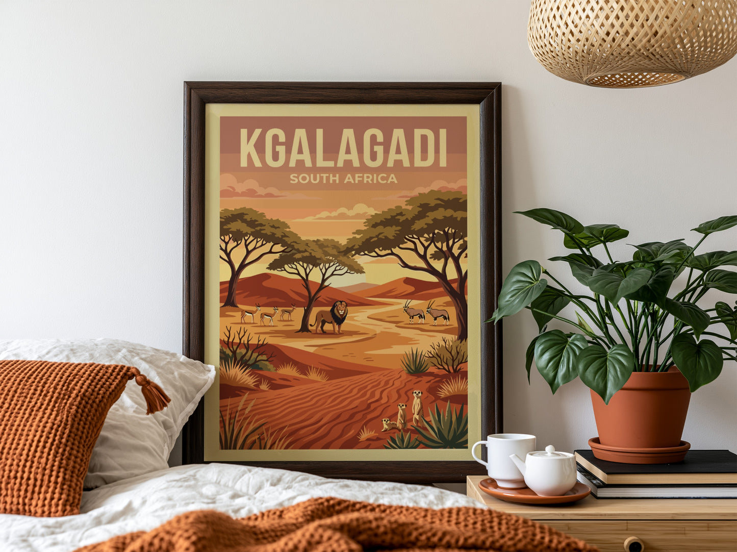 Kgalagadi poster featuring desert landscape, wildlife, warm colors, and nature theme.