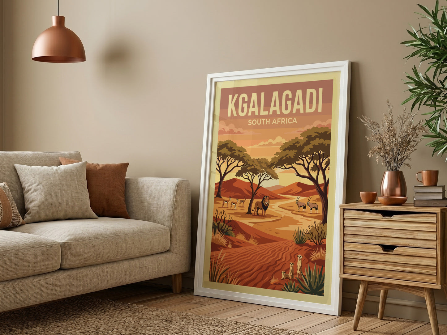 Kgalagadi poster featuring desert landscape, wildlife, warm colors, and nature theme.