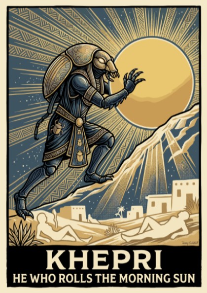 Khepri poster featuring a scarab deity rolling the golden morning sun across desert
