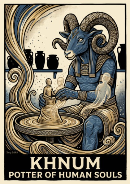 Poster featuring the ram-headed deity Khnum crafting human souls on a pottery wheel