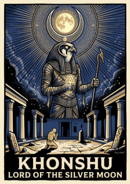 Poster of the Egyptian god Khonshu with a falcon head under a silver moon.