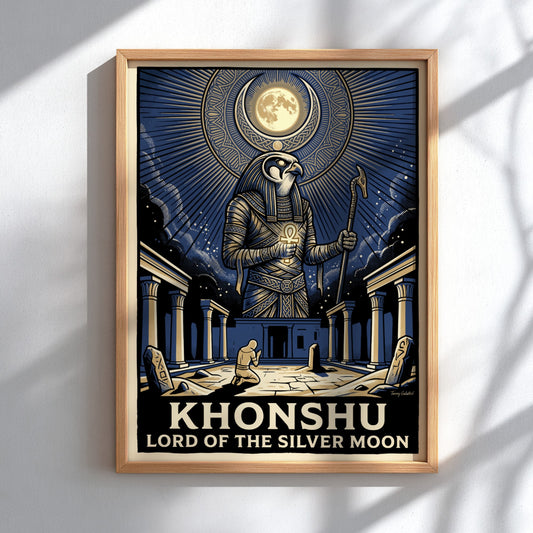 Poster of the Egyptian god Khonshu with a falcon head under a silver moon.