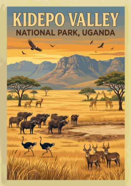 Kidepo Valley poster featuring wildlife and warm colors, nature landscape art for home decor