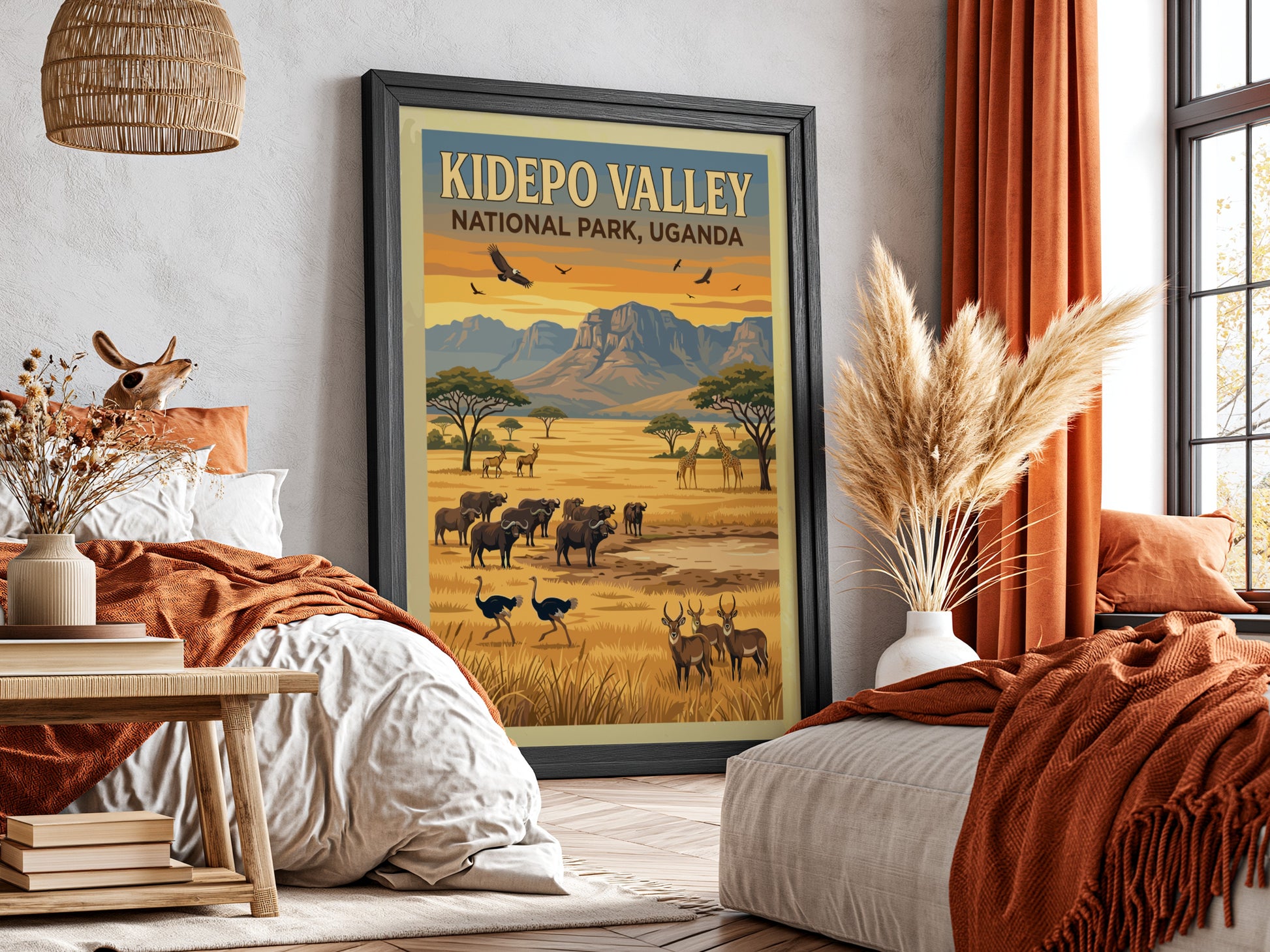 Kidepo Valley poster featuring wildlife and warm colors, nature landscape art for home decor