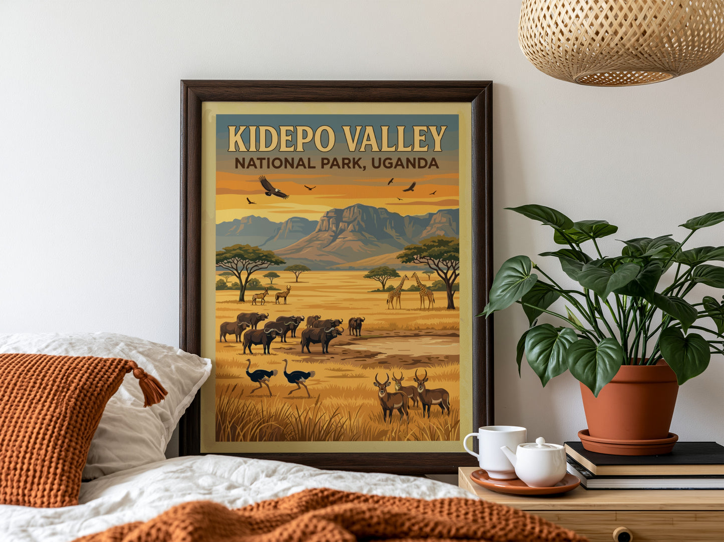 Kidepo Valley poster featuring wildlife and warm colors, nature landscape art for home decor