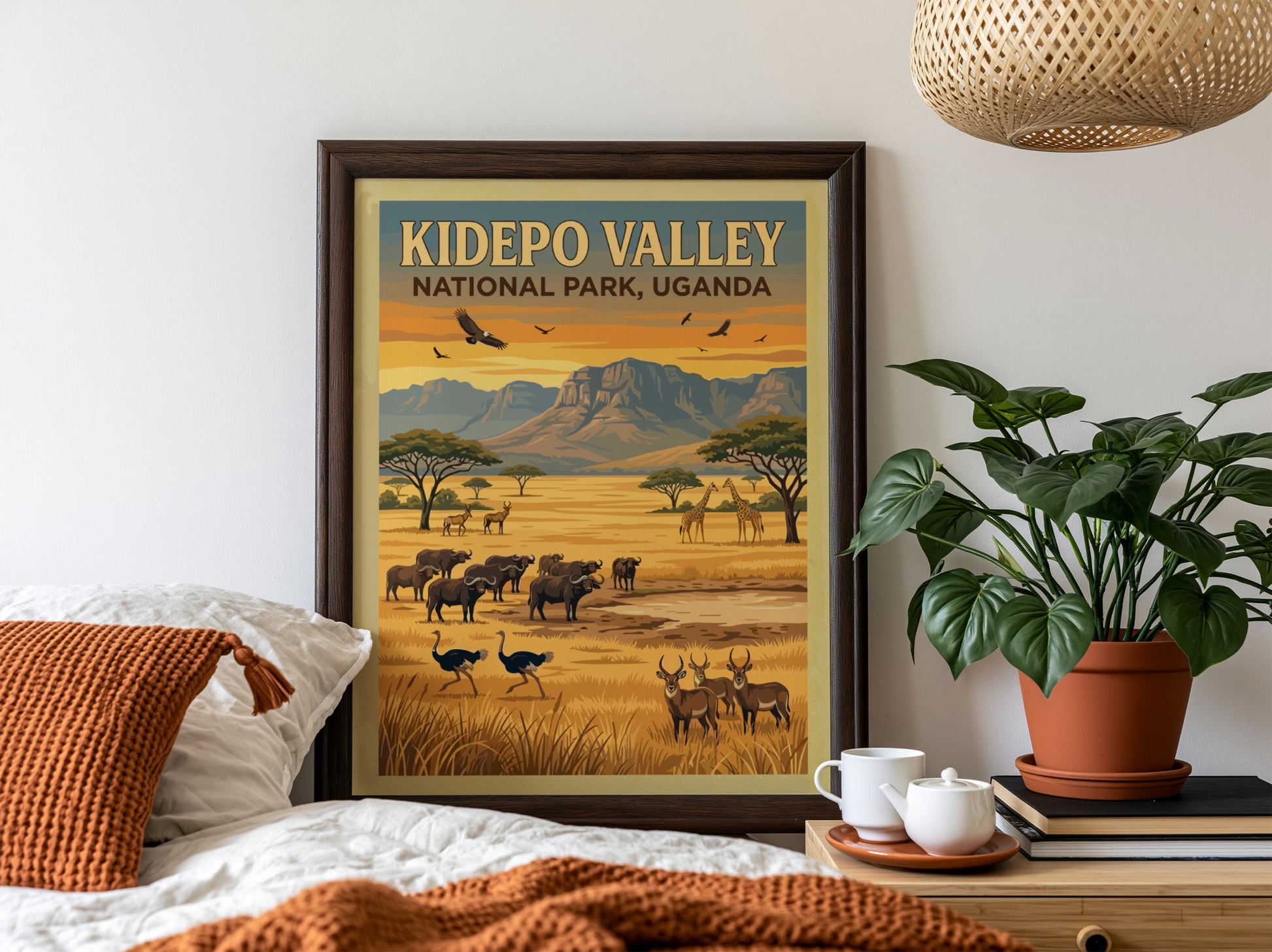 Kidepo Valley poster featuring wildlife and warm colors, nature landscape art for home decor