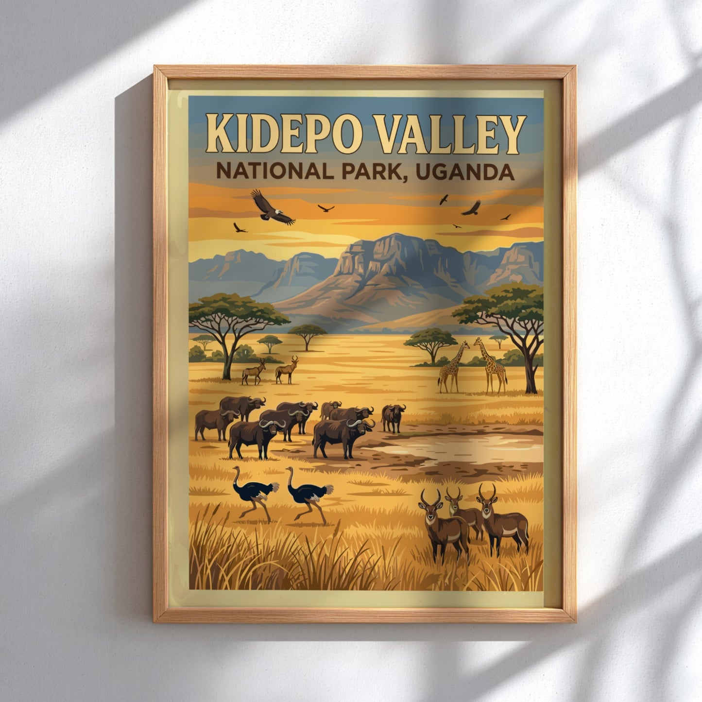 Kidepo Valley poster featuring wildlife and warm colors, nature landscape art for home decor