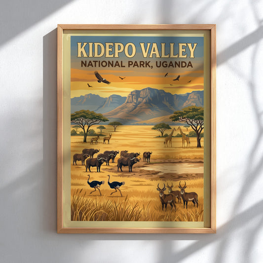 Kidepo Valley poster featuring wildlife and warm colors, nature landscape art for home decor